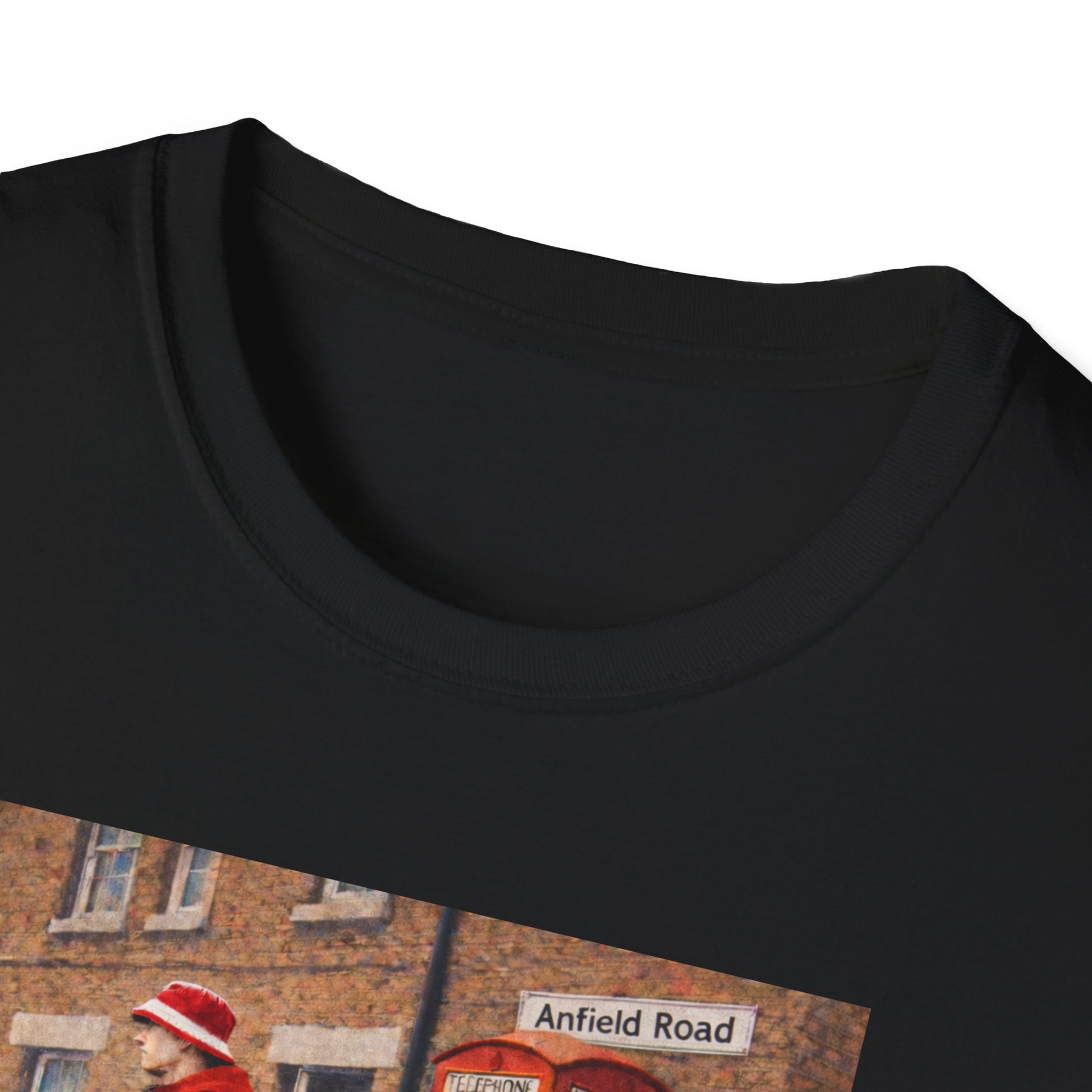 Close up of a Black Liverpool t-shirt featuring football casual graphic of man in red jacket and bucket hat by red phone booth on Anfield Road