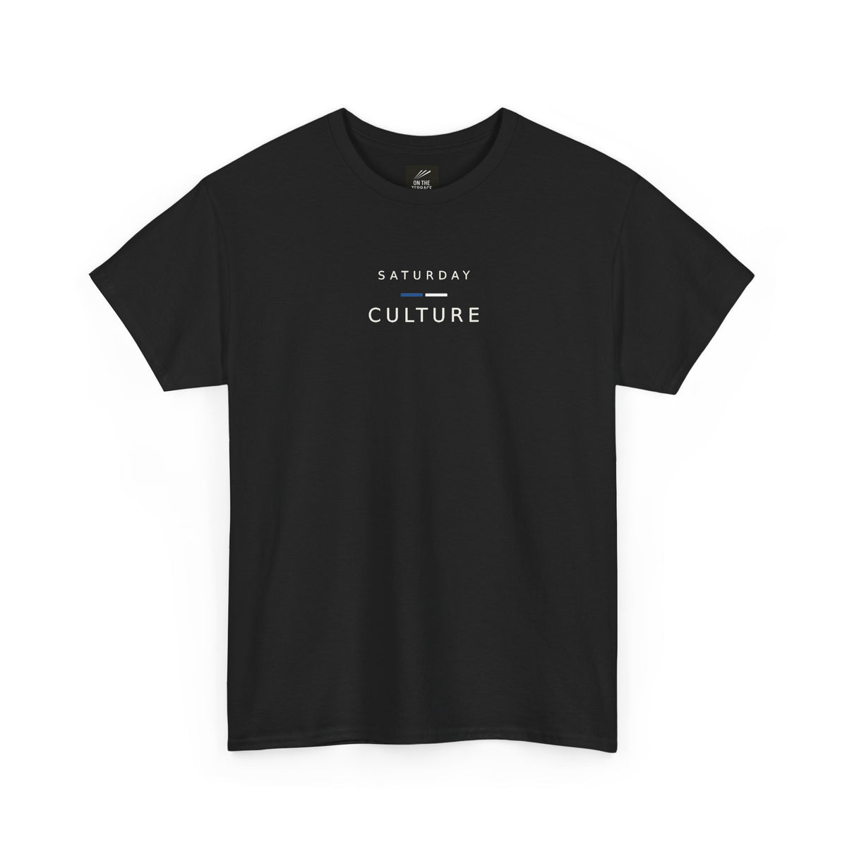 Black Saturday Culture football casuals T-shirt, front view with white lettering and blue and white bar