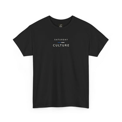 Black Saturday Culture football casuals T-shirt, front view with white lettering and blue and white bar