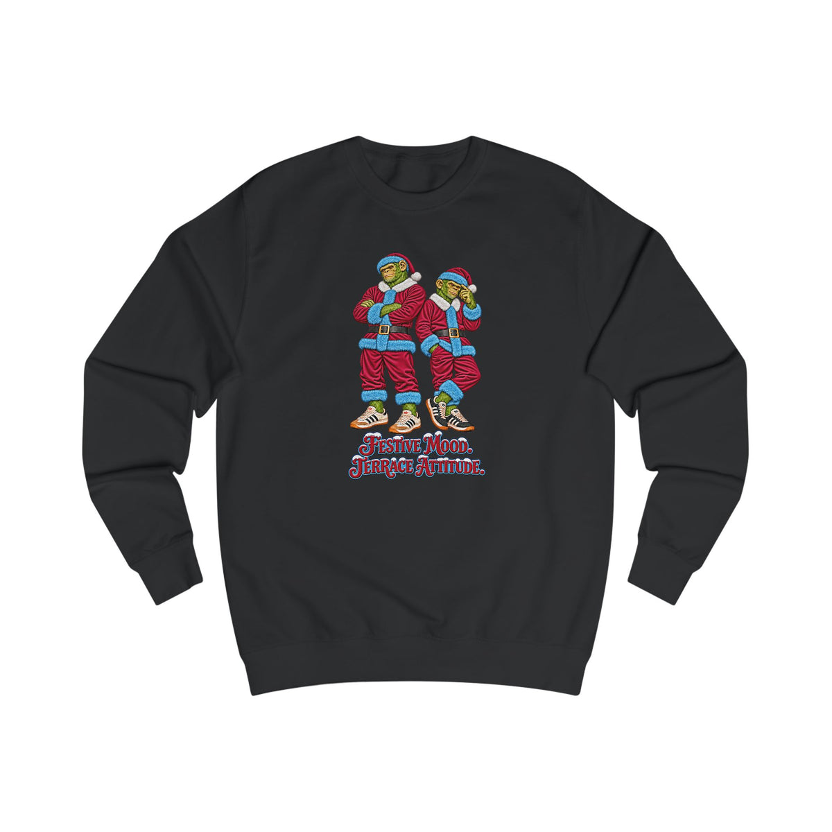 Black Northern Monkeys Christmas jumper with two chimp casuals in claret Santa suits with sky blue trim