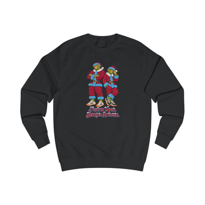 Black Northern Monkeys Christmas jumper with two chimp casuals in claret Santa suits with sky blue trim