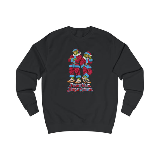 Black Northern Monkeys Christmas jumper with two chimp casuals in claret Santa suits with sky blue trim