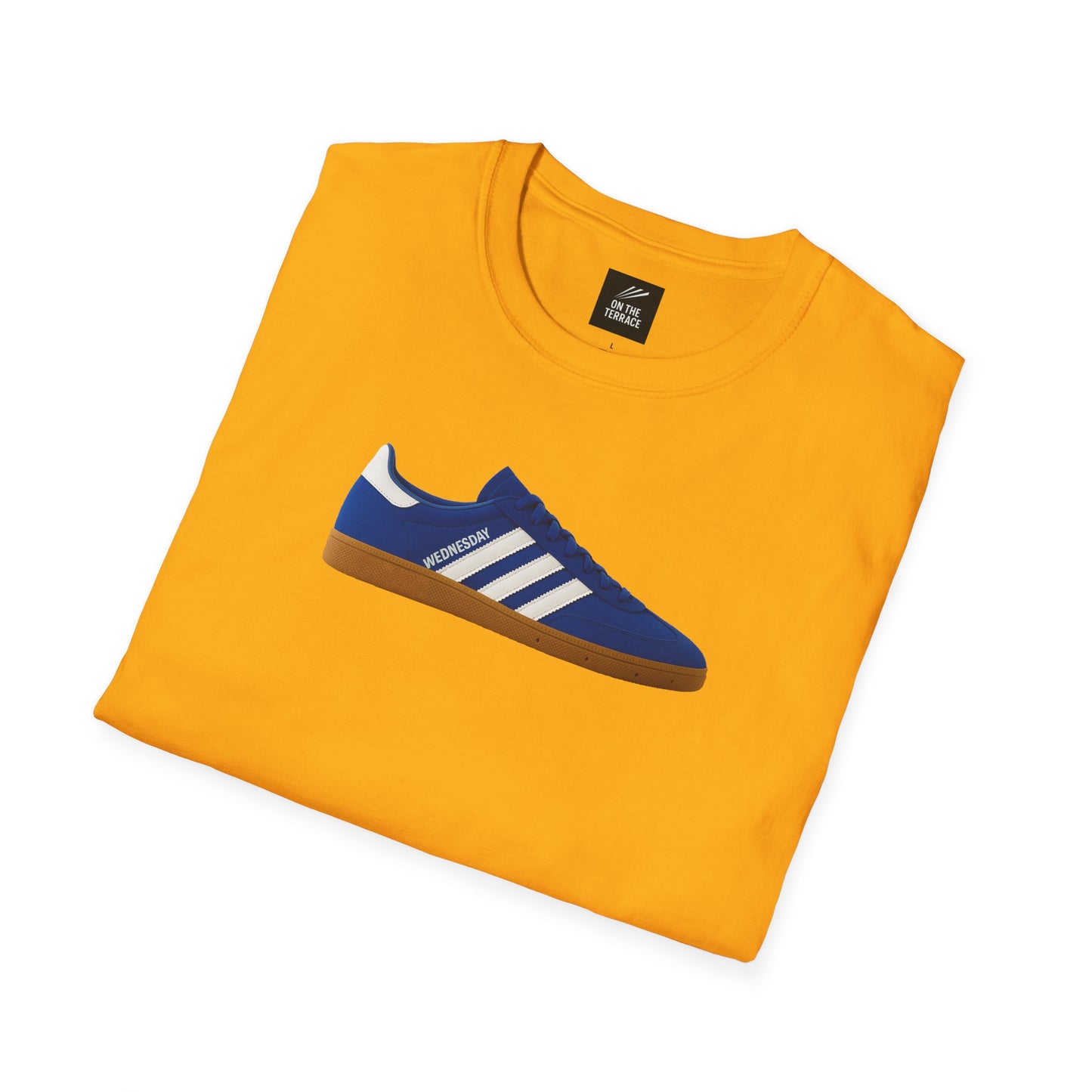 Sheffield Wednesday T-Shirt - Adidas Owls design on folded mustard yellow cotton tee. Features blue sneaker graphic with 'Wednesday' text in DTG print.