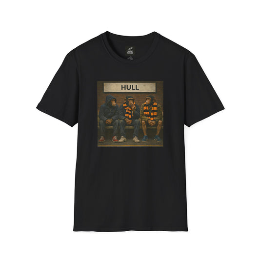 On The Terrace Northern Monkeys black graphic t-shirt featuring three casual monkeys on a bench under a Hull train station sign.
