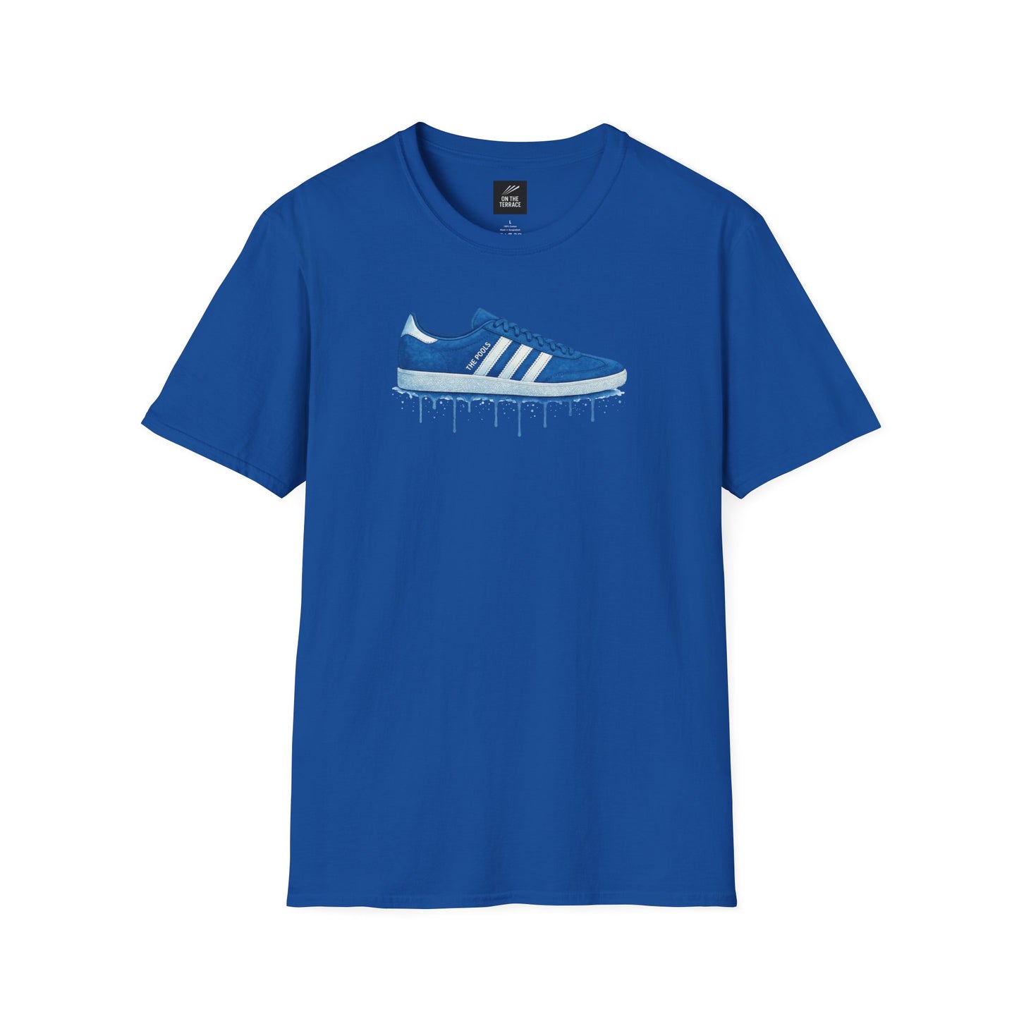 blue t-shirt with graphic of blue sneaker and white stripes featuring dripping paint design