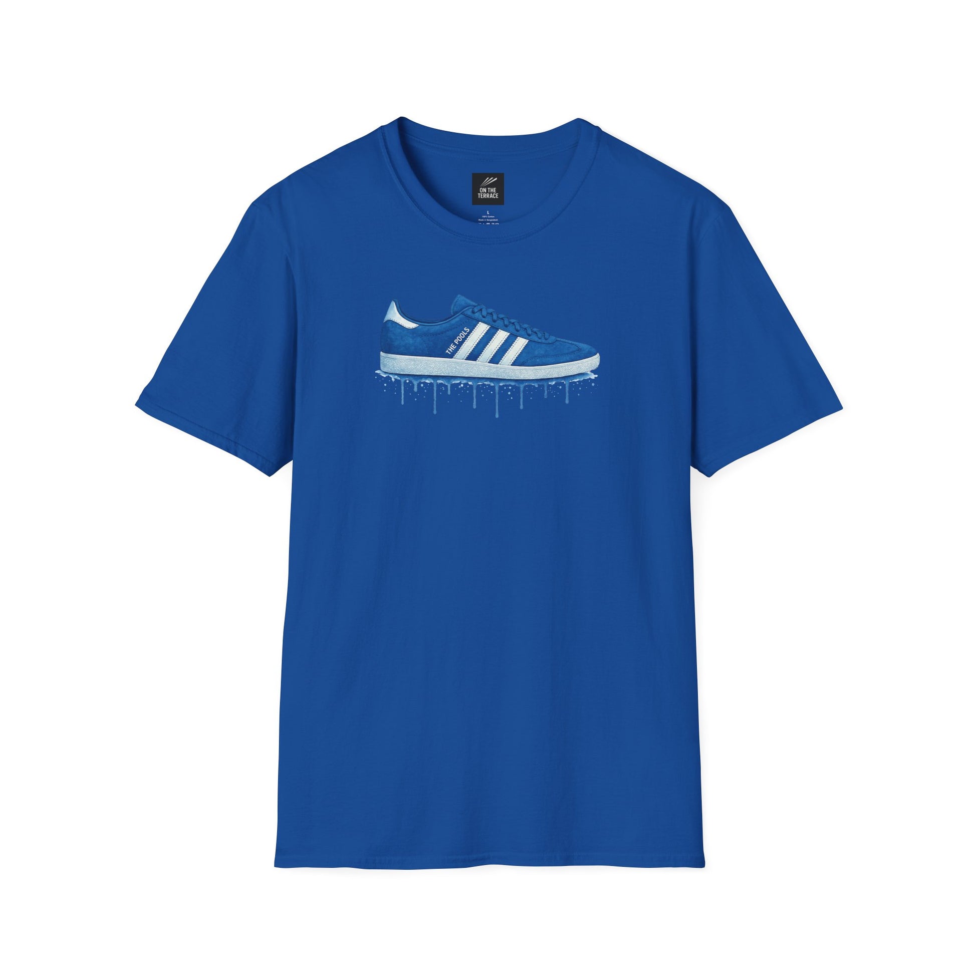 blue t-shirt with graphic of blue sneaker and white stripes featuring dripping paint design