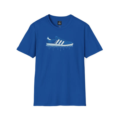 blue t-shirt with graphic of blue sneaker and white stripes featuring dripping paint design