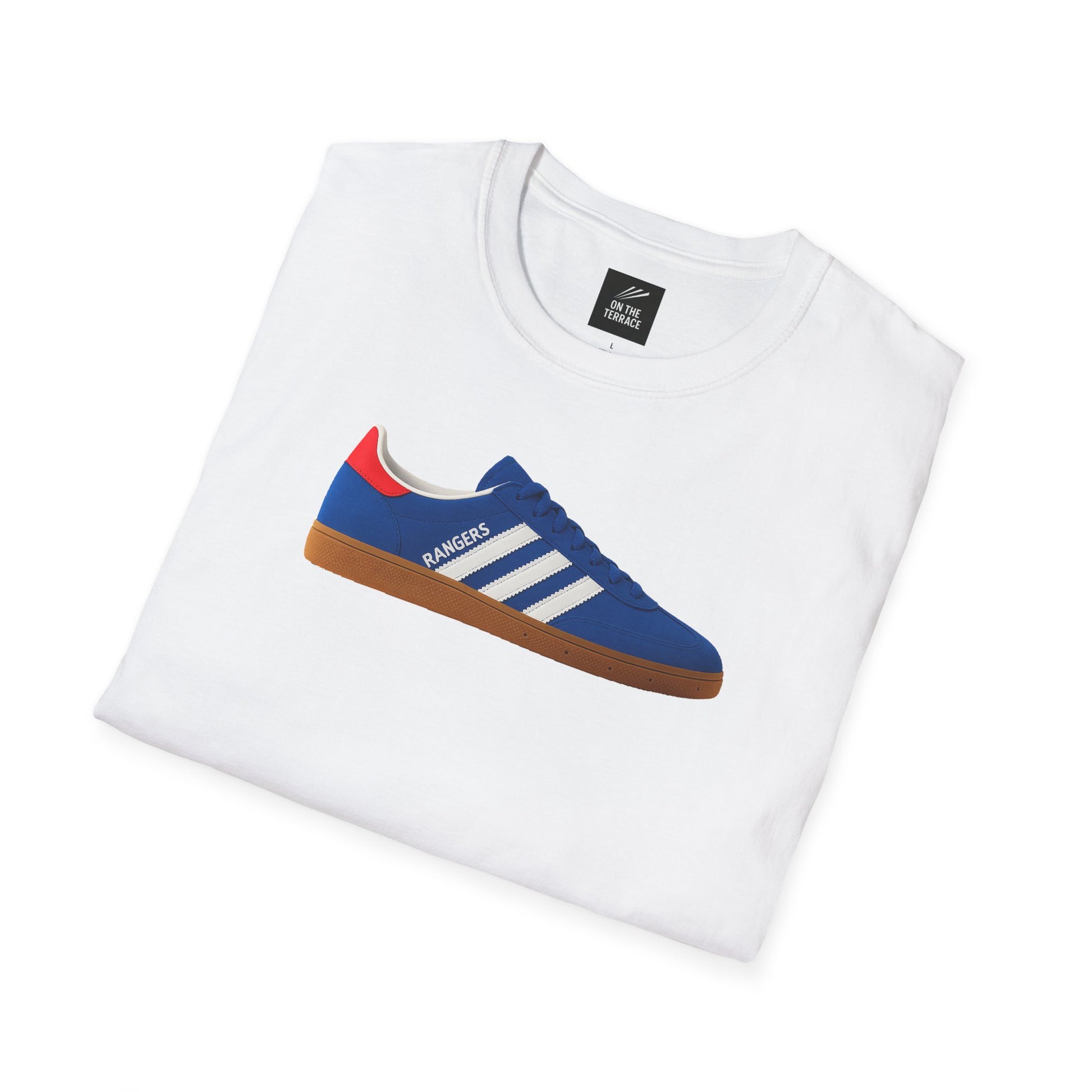Rangers White t-shirt with blue and red sneaker graphic and "RANGERS" text, crew neck folded