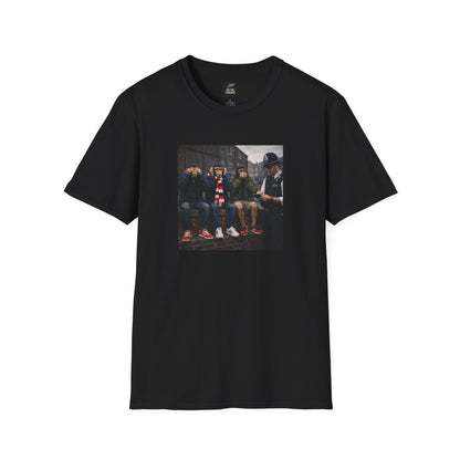 Black t-shirt with a graphic of four people on a white background