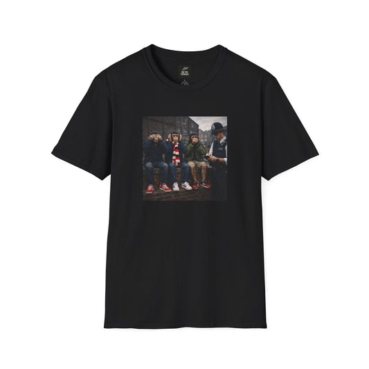 Black t-shirt with a graphic of four people on a white background