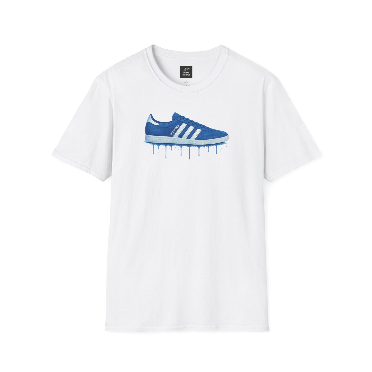 White t-shirt with blue sneaker graphic and paint drip design on front