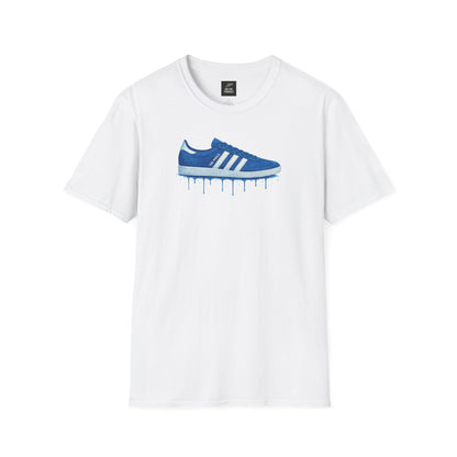 White t-shirt with blue sneaker graphic and paint drip design on front