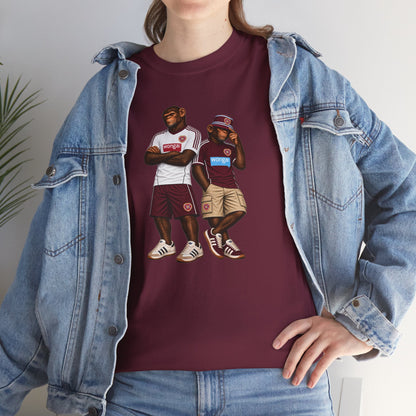 Woman wearing the maroon Hearts Monkeys Duo T-shirt under a denim jacket