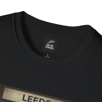 Black t-shirt with 'On The Terrace' label and 'LEEDS' text on a white background