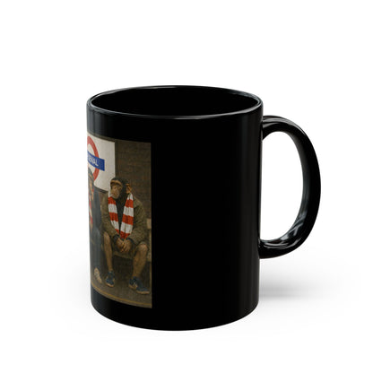 Arsenal casuals black mug, three chimps in red and white scarves on a tube bench, On The Terrace