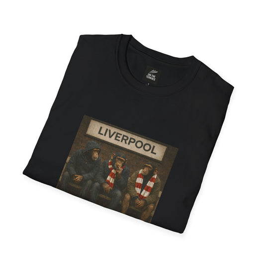 Folded black t-shirt with 'Liverpool' graphic on a white background