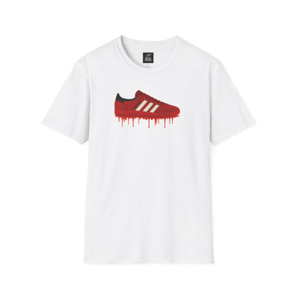 White t-shirt with graphic of a red sneaker dripping paint design on front