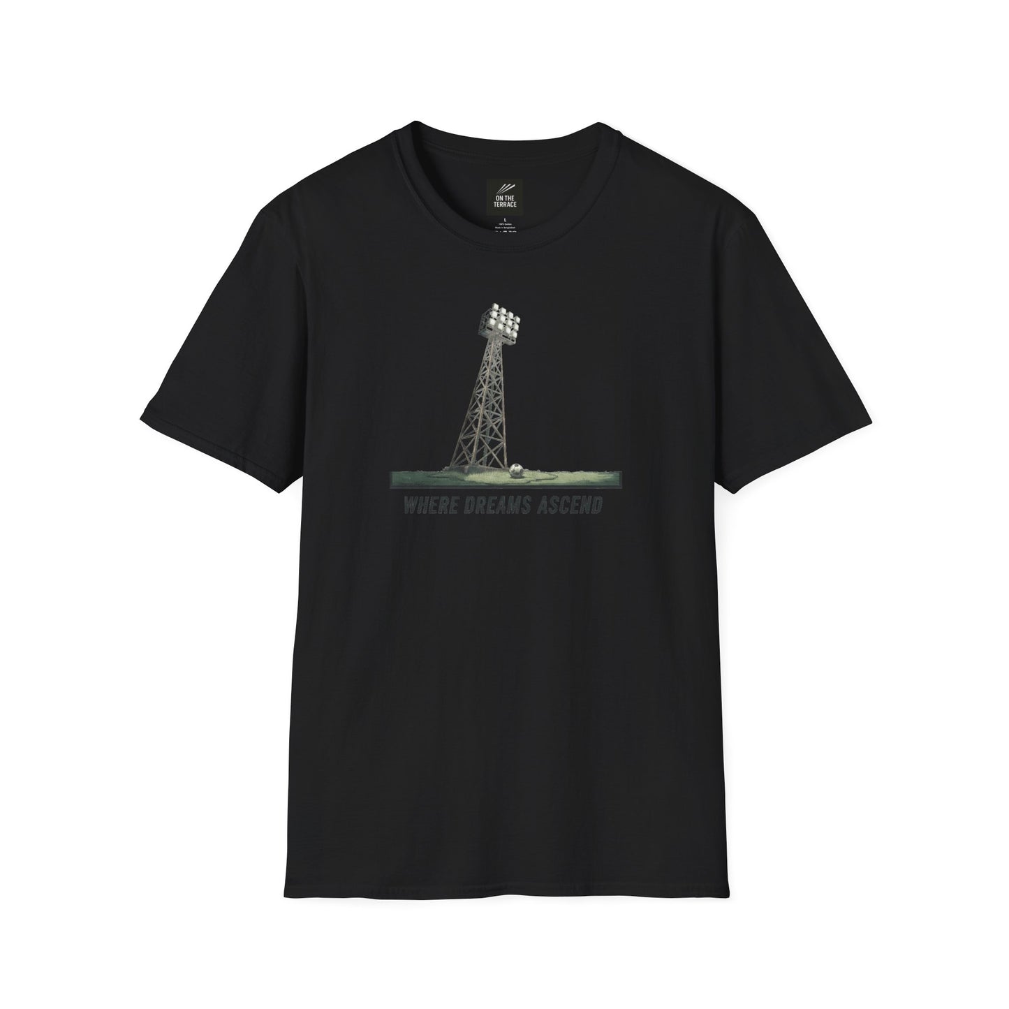 Black T-shirt with illustrated floodlight tower and soccer ball on grass, text 'Where Dreams Ascend'