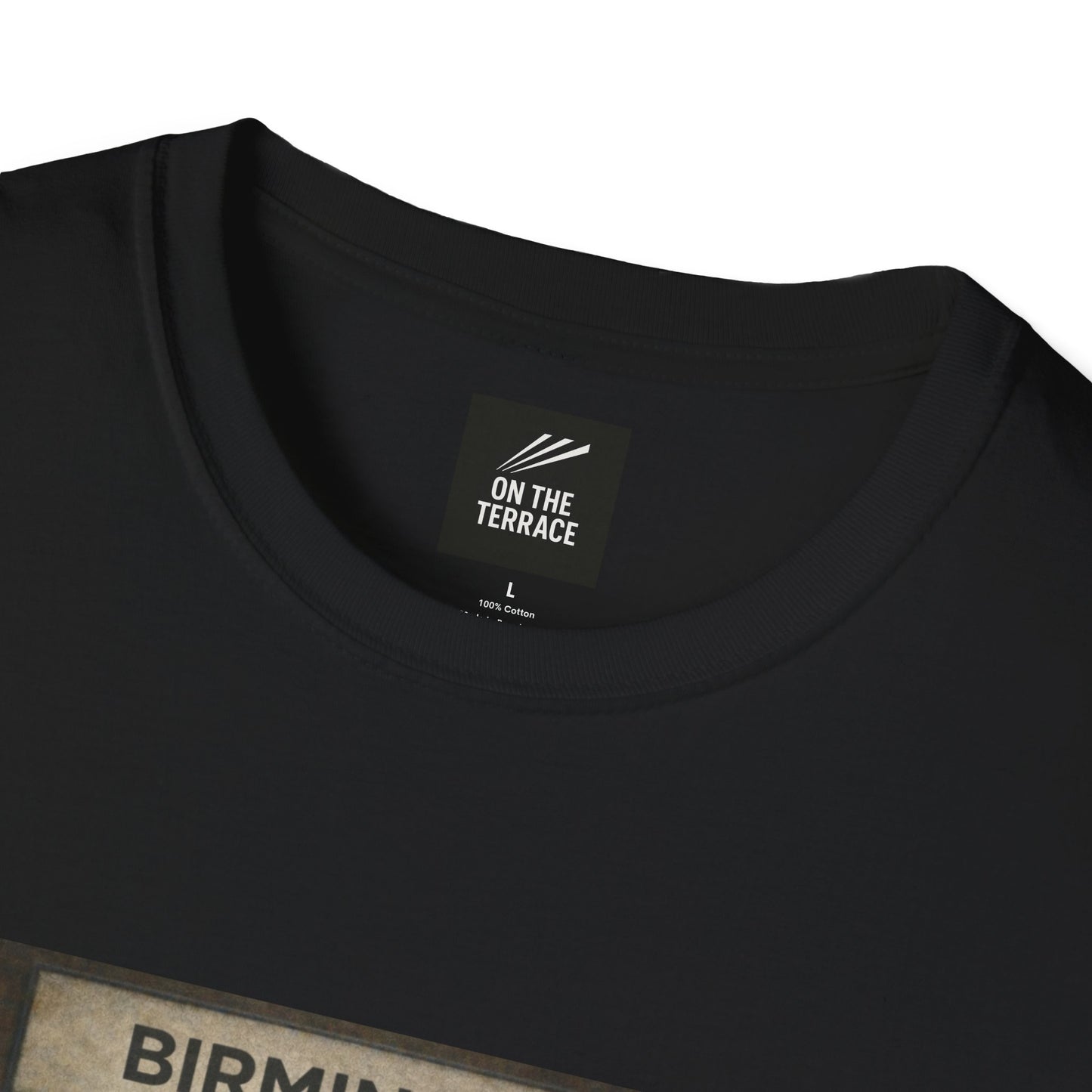 Birmingham City Fan T-Shirt Black t-shirt with 'On The Terrace' label on a white background