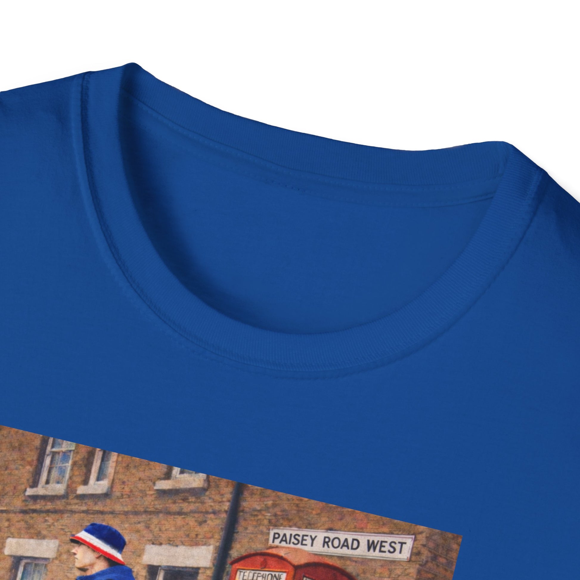 Close up of a Blue Rangers t-shirt featuring a football casual design with a man in blue standing near a red British phone box on Paisey Road West