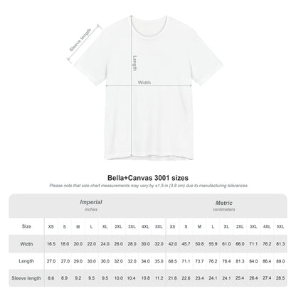 White Bella+Canvas 3001 t-shirt with sleeve, width, and length measurements chart in inches and centimeters