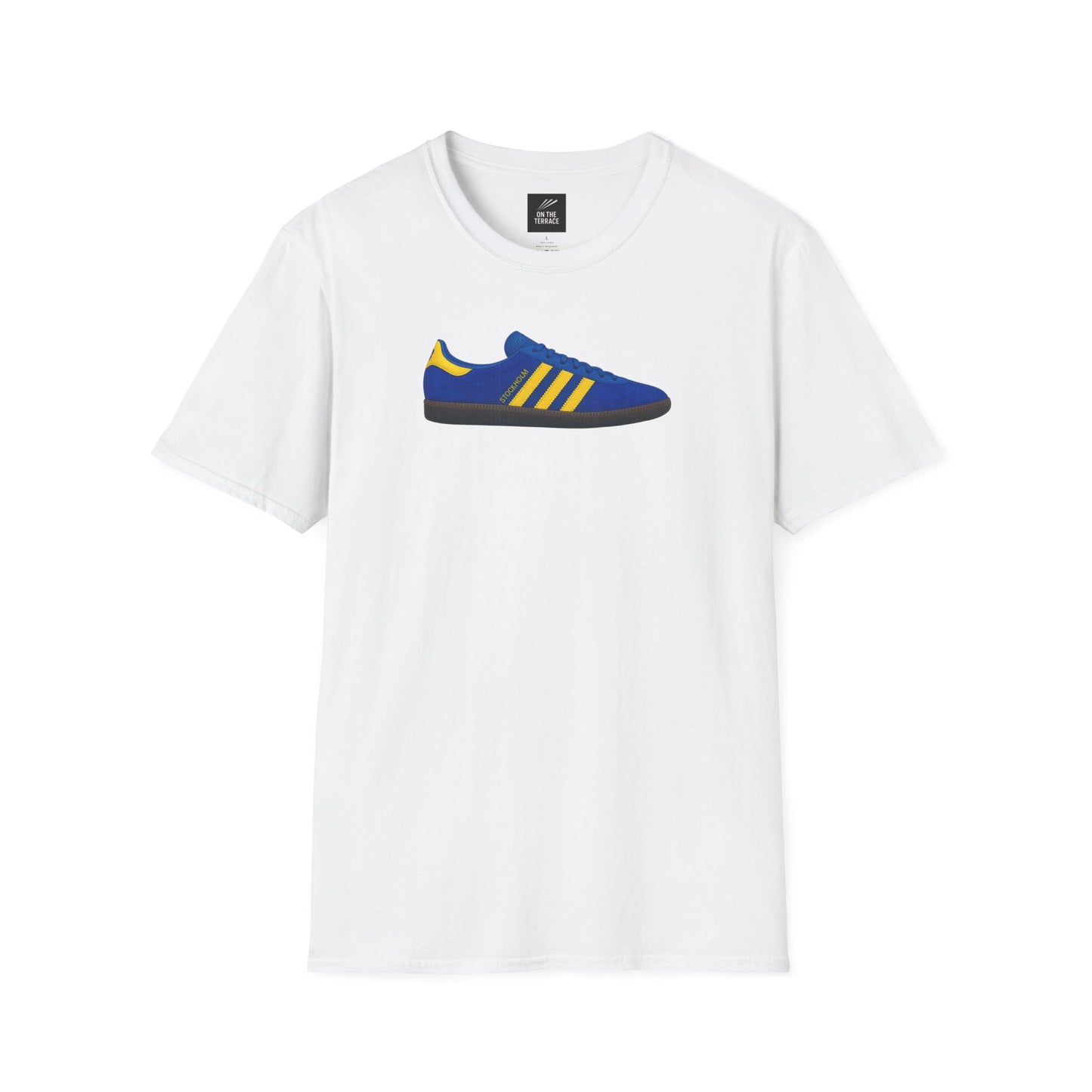White T-shirt with graphic of blue and yellow Adidas Stockholm sneaker on chest