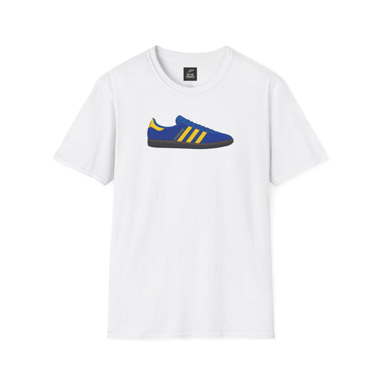 White T-shirt with graphic of blue and yellow Adidas Stockholm sneaker on chest
