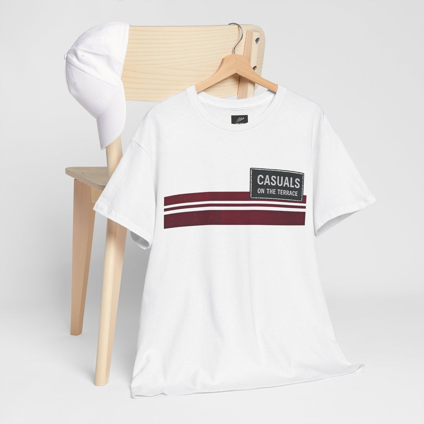 Heart of Midlothian-inspired white T-shirt with maroon terrace graphic