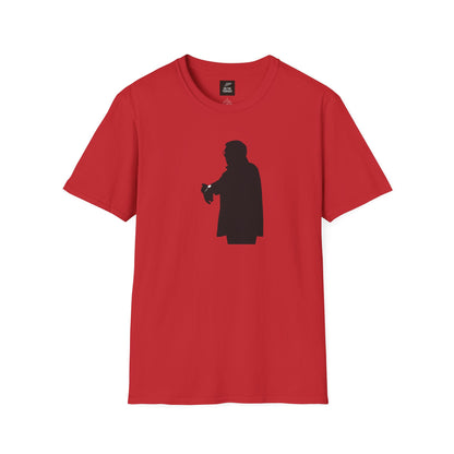Red t-shirt with black silhouette of person checking wristwatch graphic design
