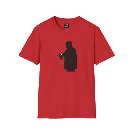 Red t-shirt with black silhouette of person checking wristwatch graphic design
