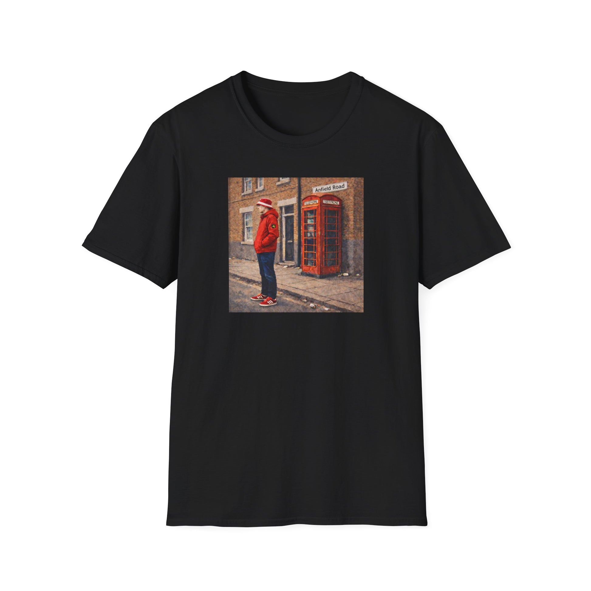 Black Liverpool t-shirt featuring football casual graphic of man in red jacket and bucket hat by red phone booth on Anfield Road