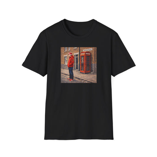 Black Liverpool t-shirt featuring football casual graphic of man in red jacket and bucket hat by red phone booth on Anfield Road