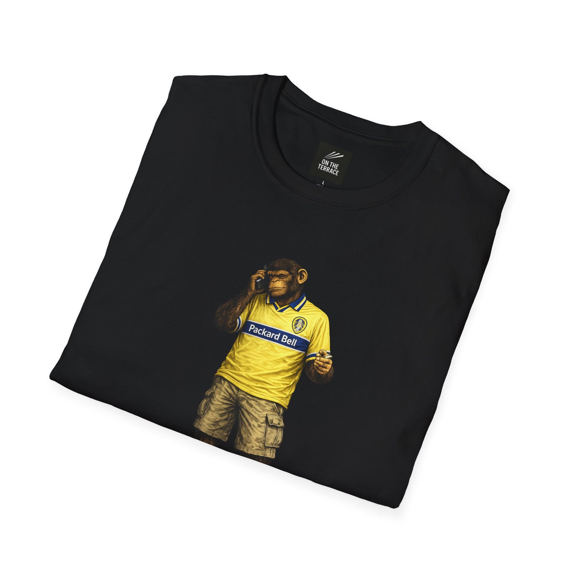 folded Black lufc -inspired t-shirt featuring a graphic of a chimpanzee in a vintage yellow Sanderson away kit, smoking and using a mobile phone.
