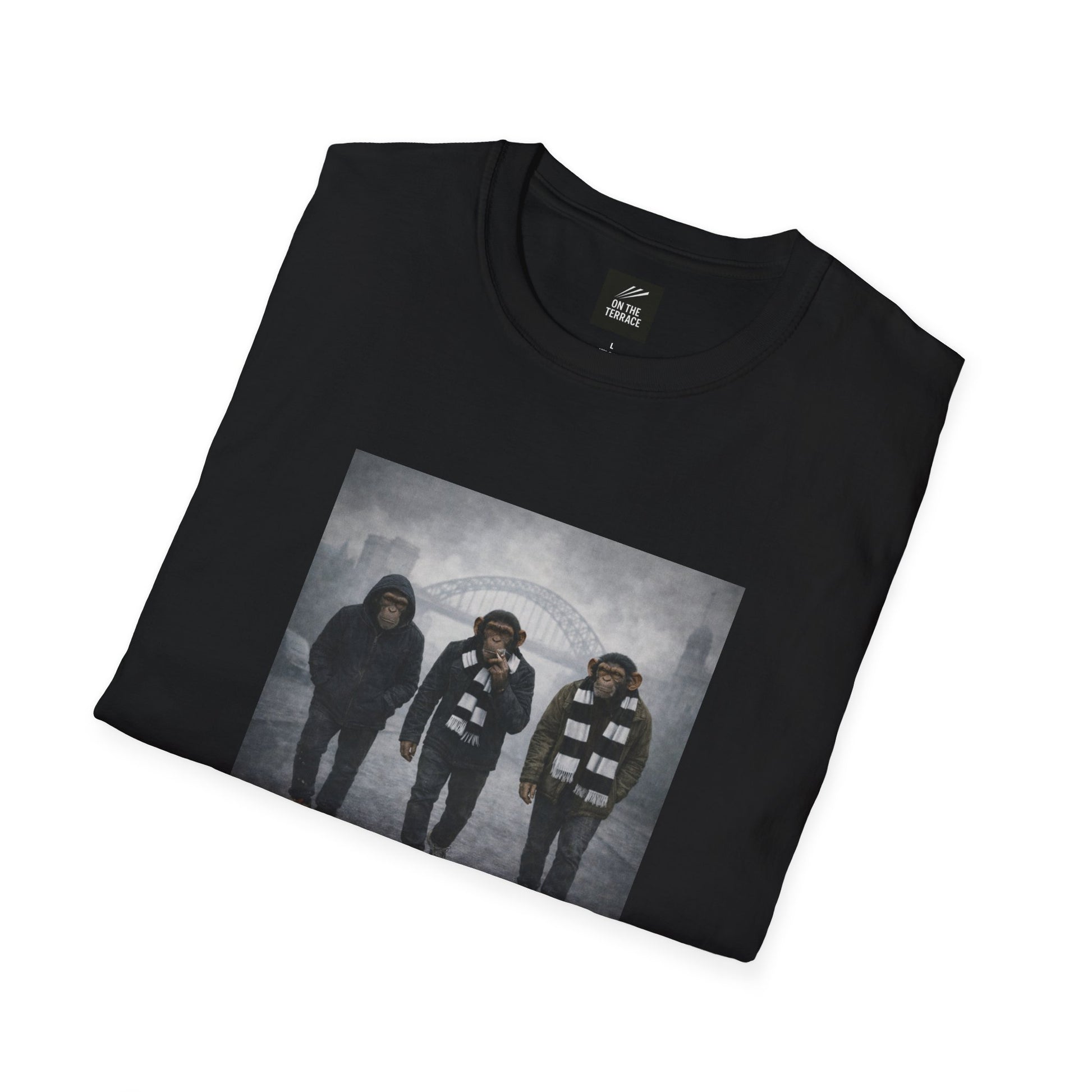 Black t-shirt with a graphic of three people on a white background