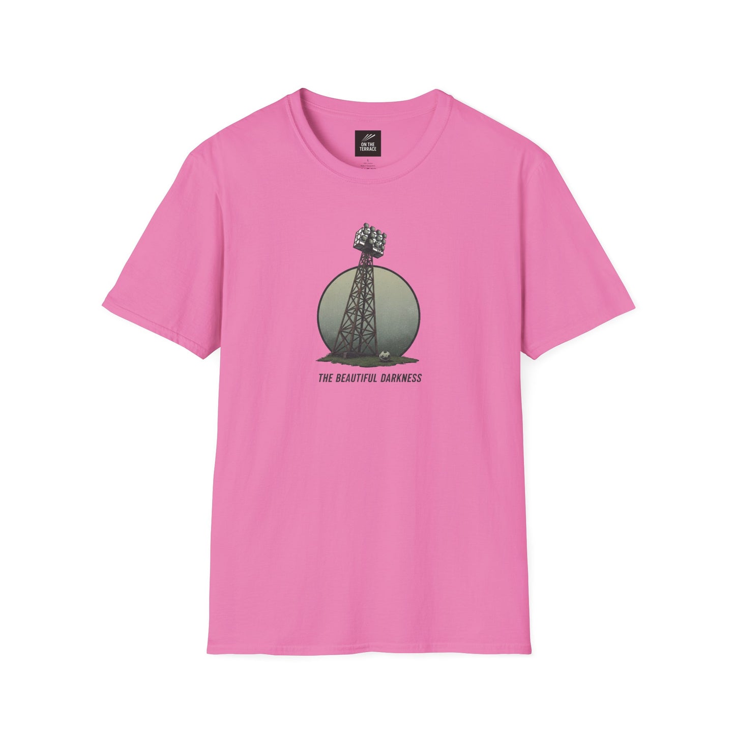 Pink t-shirt with graphic of stadium floodlight tower and text The Beautiful Darkness
