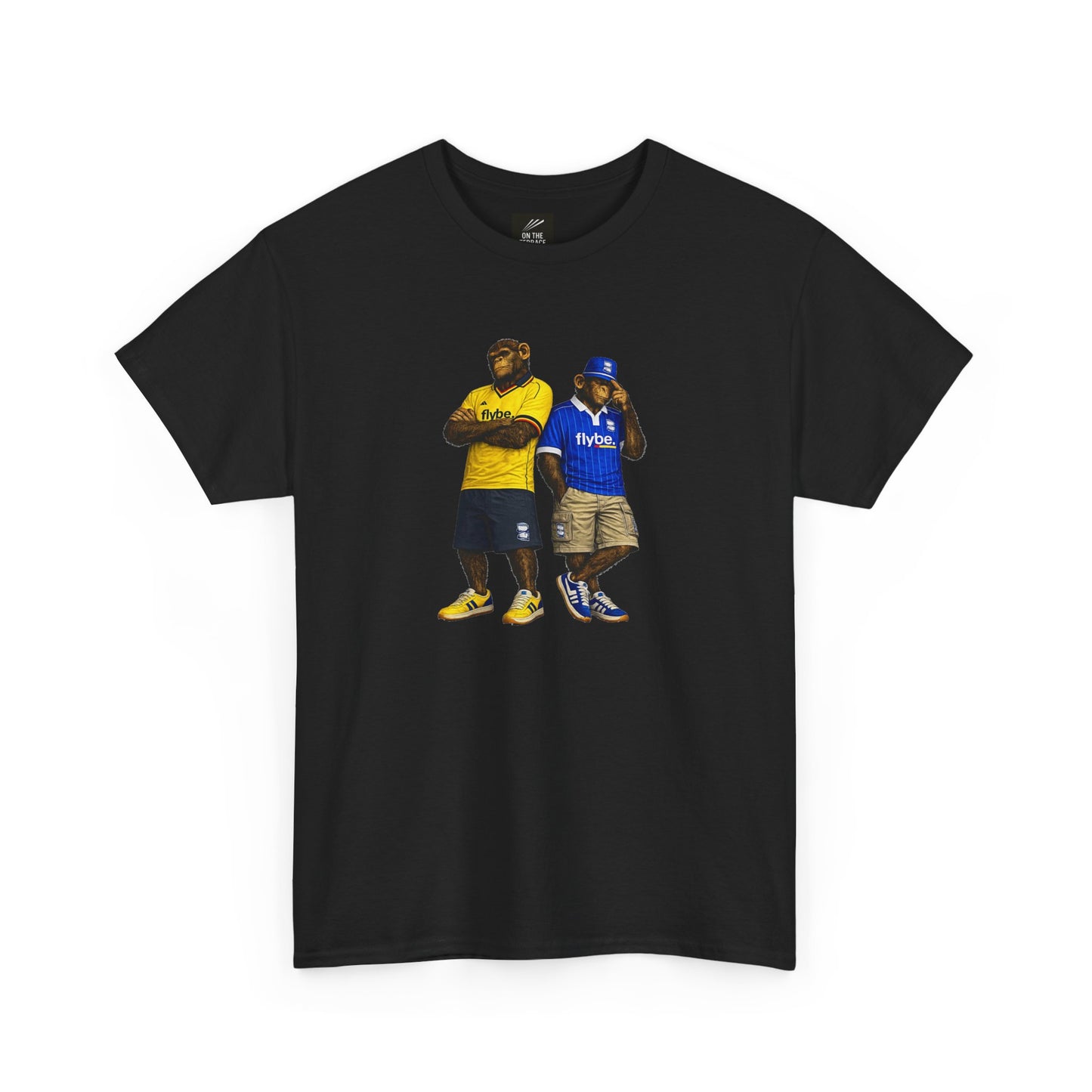 A black short-sleeve Birmingham t-shirt featuring a graphic print of two men dressed in streetwear, one in a yellow 'Cactus' jersey and the other in a blue 'Fly High' jersey, displayed on a clean white background.