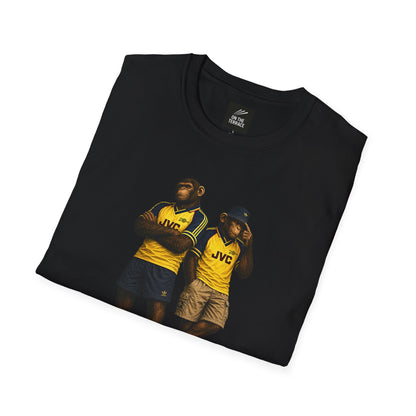 On The Terrace Northern Monkeys black graphic t-shirt featuring retro Arsenal yellow and navy inspired terrace casuals artwork.