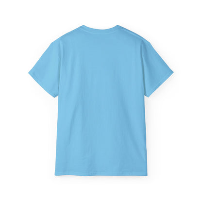 Plain light blue short sleeve t-shirt displayed from the back on white background