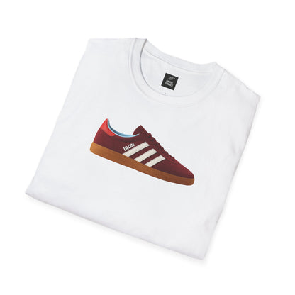 White folded t-shirt with red sneaker graphic and IRON text, casual football style