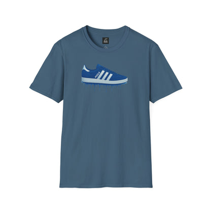 Blue casual t-shirt with graphic of blue sneaker and white stripes, football fan style