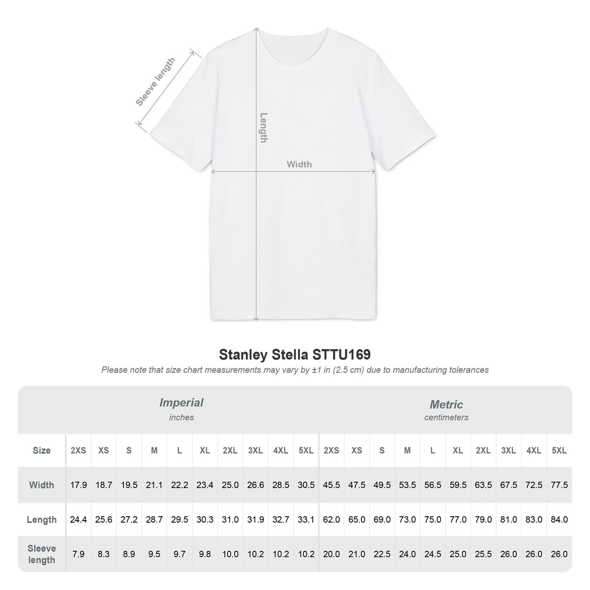 Size chart for organic cotton T-shirt, sizes S to 3XL