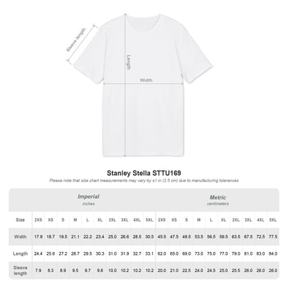 Size chart for organic cotton T-shirt, sizes S to 3XL