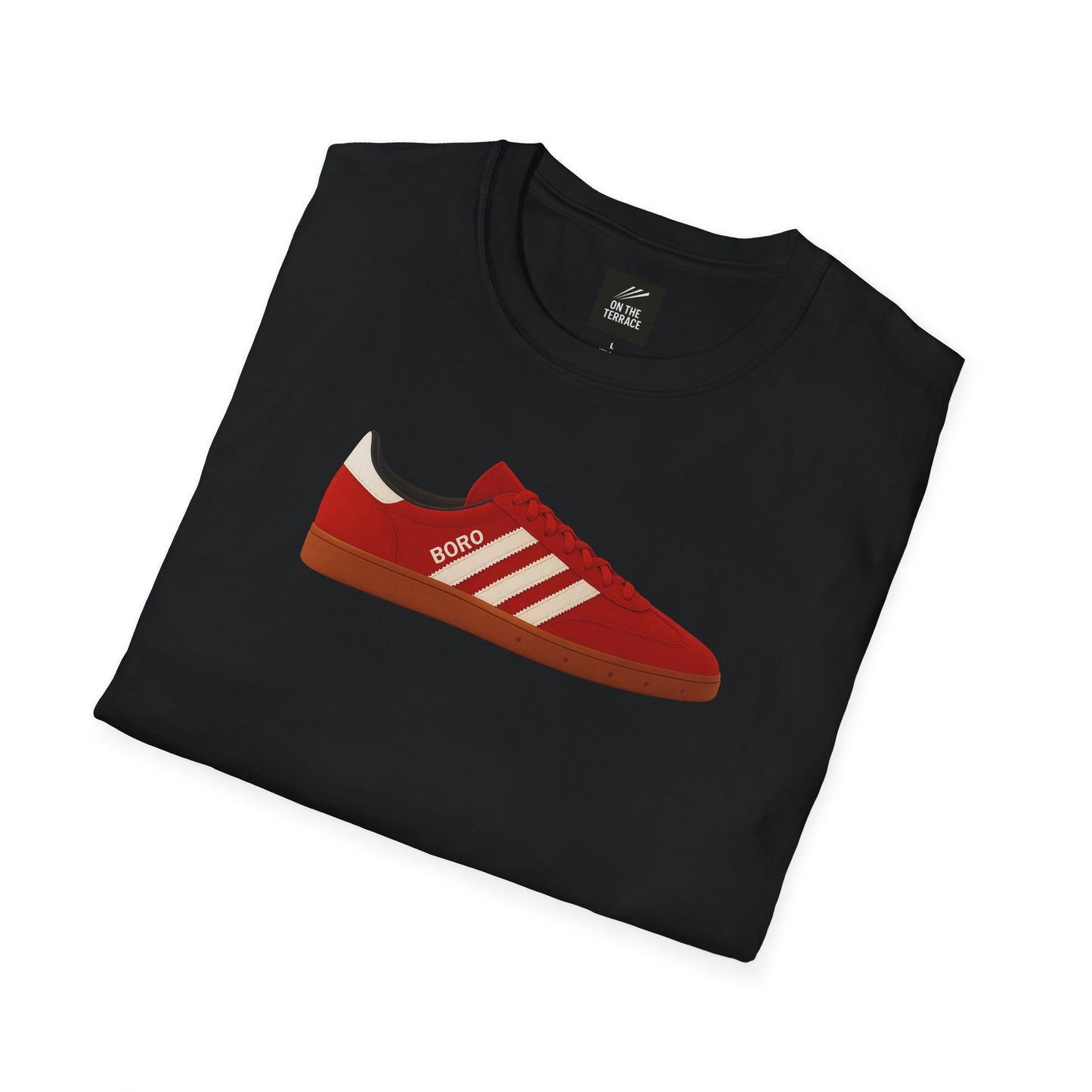 Black folded t-shirt with a red and white BORO sneaker graphic print and On The Terrace label