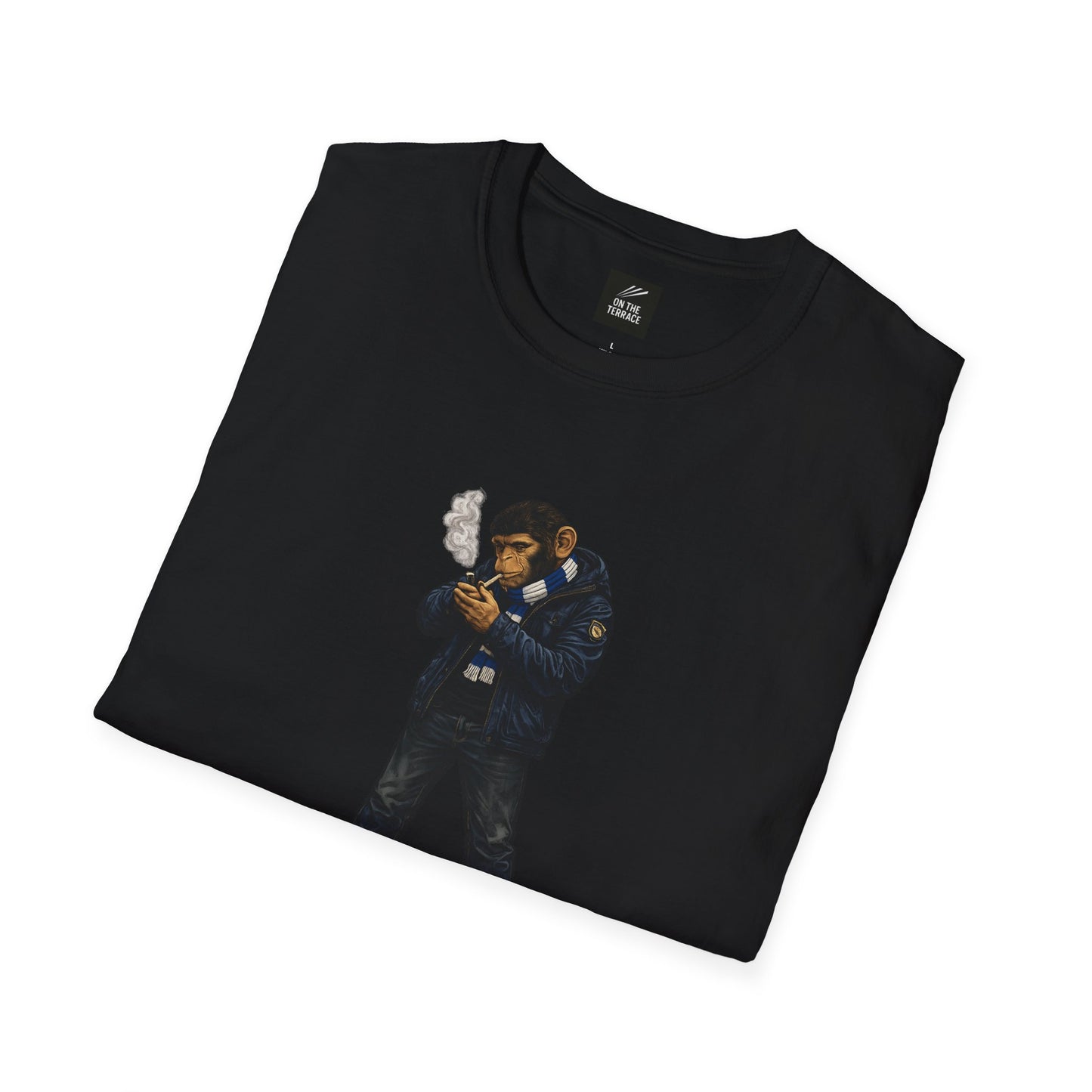 Black t-shirt with a graphic of a monkey smoking a cigarette on a white background