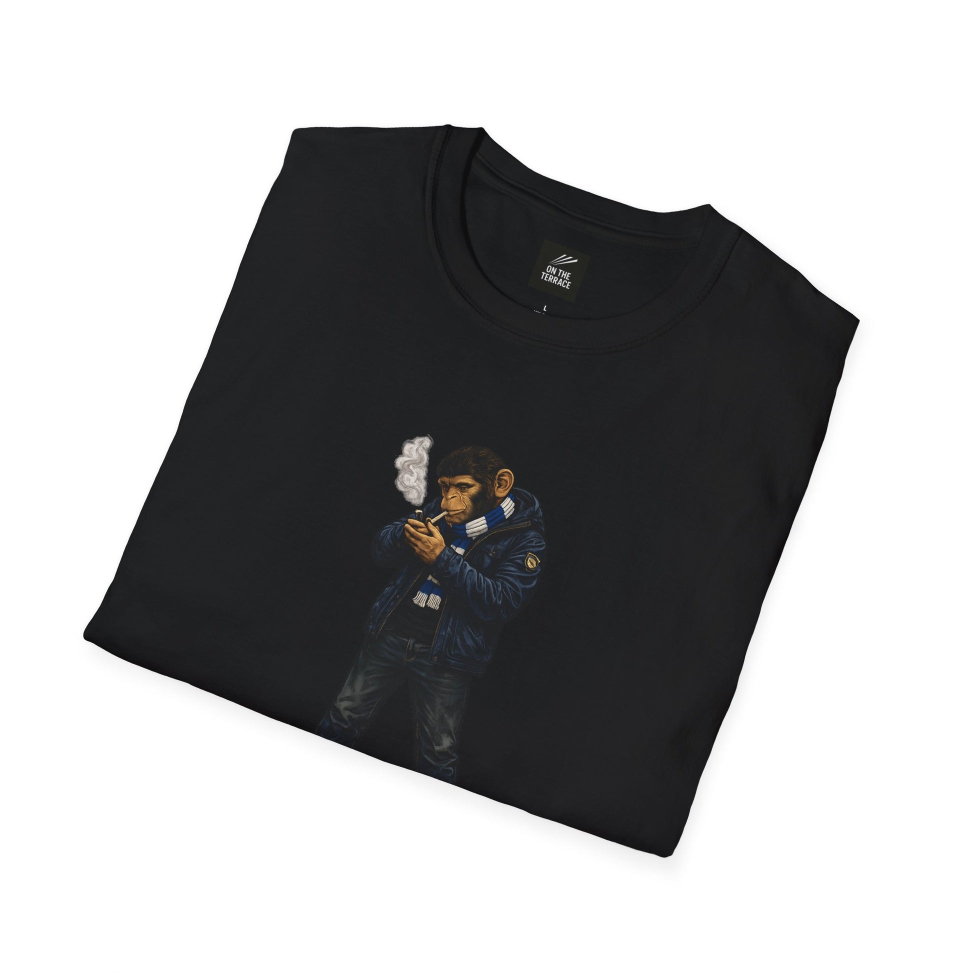 Black t-shirt with a graphic of a monkey smoking a cigarette on a white background