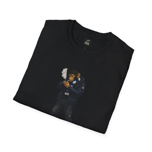 Black t-shirt with a graphic of a monkey smoking a cigarette on a white background