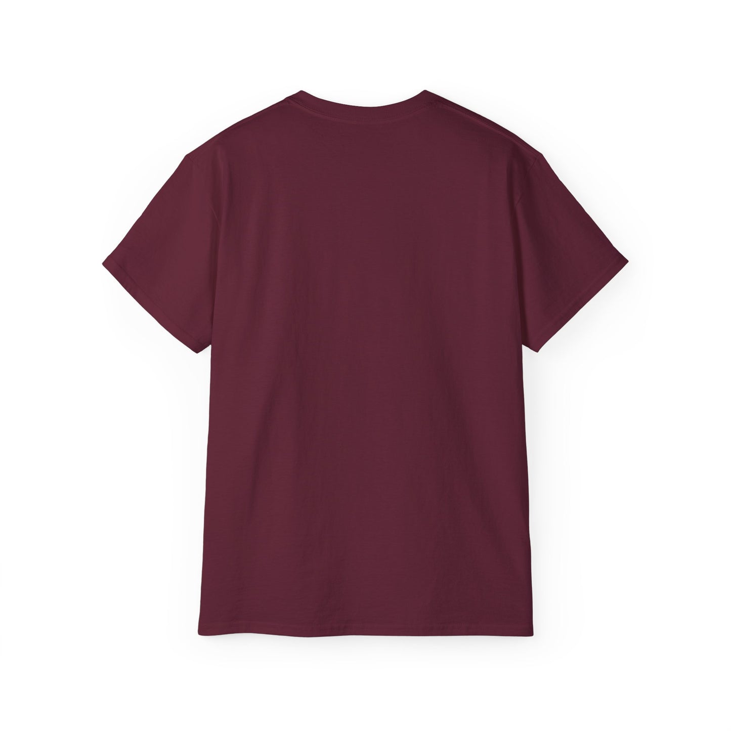 Back view of plain maroon short sleeve crew neck t-shirt on white background