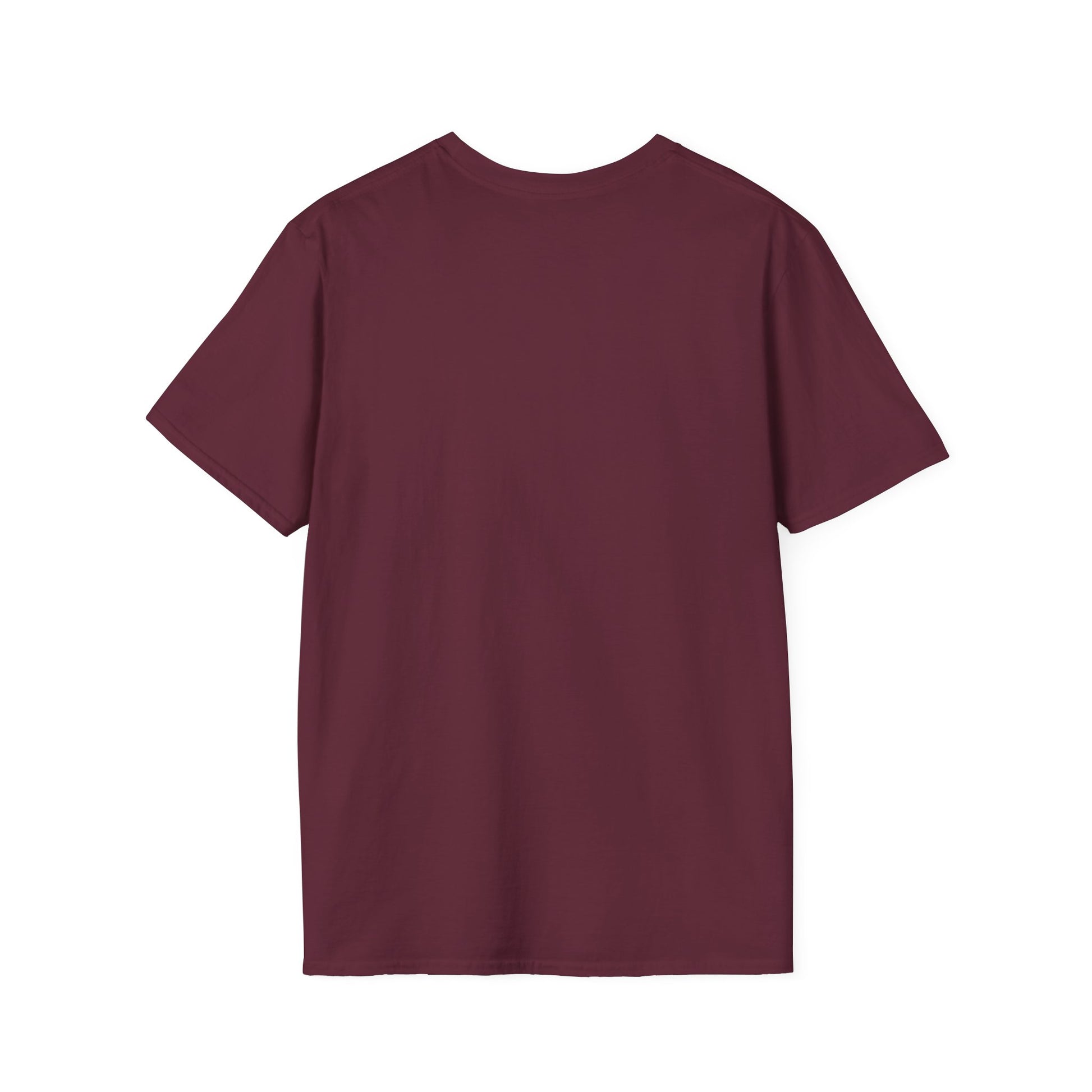 Back view of plain maroon short-sleeve cotton t-shirt on white background