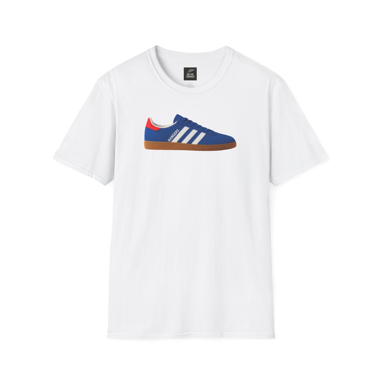 Rangers White t-shirt with a blue, red, white striped sneaker graphic and 'Rangers' text in the center