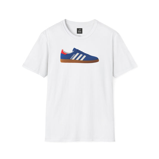 Rangers White t-shirt with a blue, red, white striped sneaker graphic and 'Rangers' text in the center